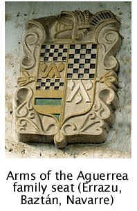 The coat of arms of the Aguerrea ancestral home (Errazu, Baztn valley, Navarre). Arms of Aguerre (one chevron and three water-lily leafs) allied with other lineages. Click here for more information