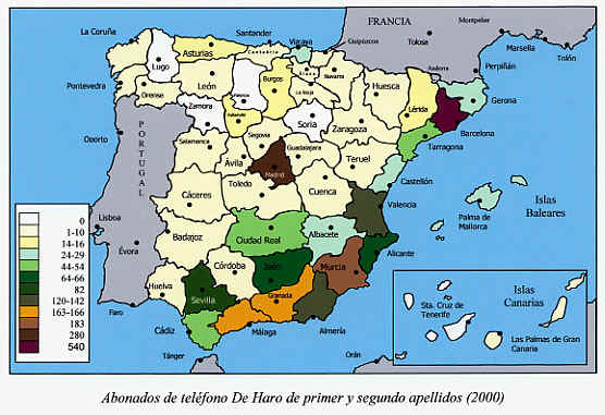 Distribución provincial de los abonados del apellido De Haro. Año 2000.