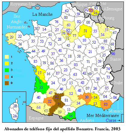 Distribución departamental en Francia del apellido Bonastre. Año 2003