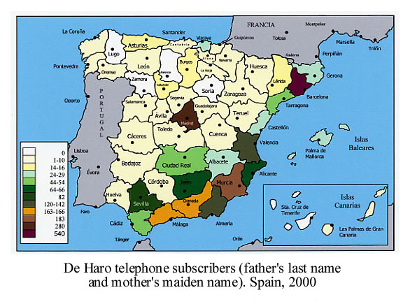 Provincial distribution of the De Haro name (Of Haro, Spanish town). Spain, 2000. Click here for more information