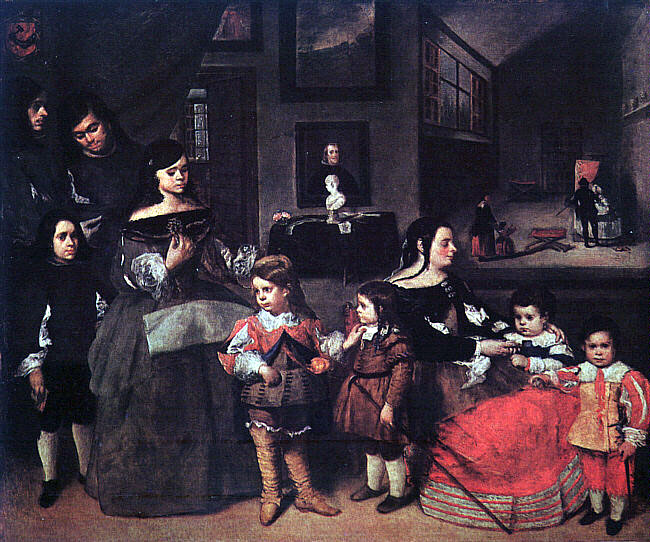 La familia del pintor Juan Bautista Martnez del Mazo. Mediados del XVII. El color de este leo ha sido corregido digitalmente para apreciar mejor algunos detalles (especialmente, el escudo del ngulo superior izquierdo). Pulsa encima si quieres ampliar la informacin artstica