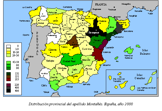 Distribución provincial del apellido Montañés. España, año 2000