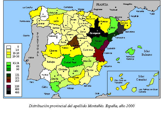 Distribución provincial del apellido Montañés. España, año 2000
