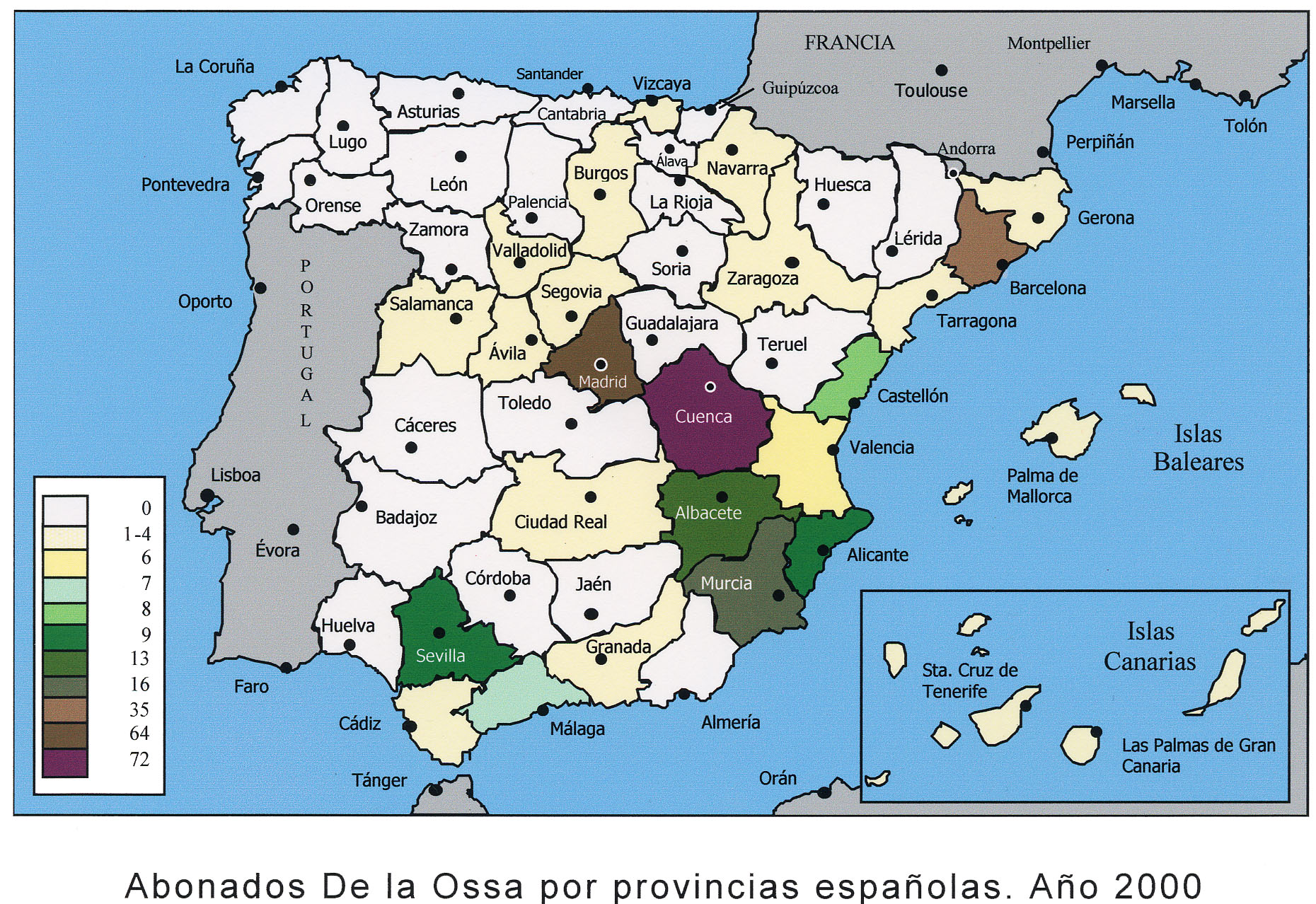 Distribucin por provincias espaolas de los abonados de telfono De la Ossa (de primer y segundo apellidos). Ao 2000. La recurrencia del apellido en la provincia de Cuenca y, en menor medida, en la de Albacete, es indicio de que procede de sendas poblaciones La Os(s)a de estas demarcaciones. Tambin destaca su paso al reino de Murcia, probablemente desde poco despus de su reconquista, as como a Sevilla -antiguo puerto hacia Amrica-, Madrid, la capital de Espaa, Barcelona -otra ciudad que ha atrado gran poblacin en el ltimo siglo- y Alicante